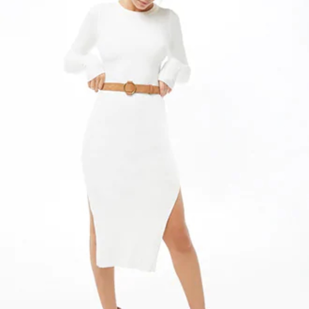 White Midi Sweater dress with camel belt